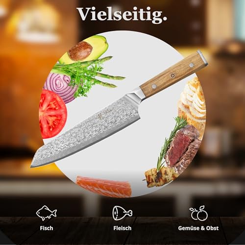 Wakoli Oribu Kiritsuke Messer 20 cm – Küchenmesser aus 67 Lagen - Damastmesser mit VG10 Kern, extra scharf, Olivenholzgriff, vielseitig für Fleisch, Fisch, Gemüse, Geschenkbox, Full Tang Messer scharf