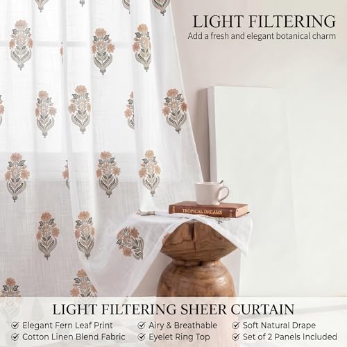 Image of LINENWALAS Decorative Cotton Linen Sheer Curtains 6 Feet for Window -Block Printed Door Curtain | Grommet Hanging Style Pack of 2 Panels |Light Filtering Sheer Drapes (Sandstone Floral)