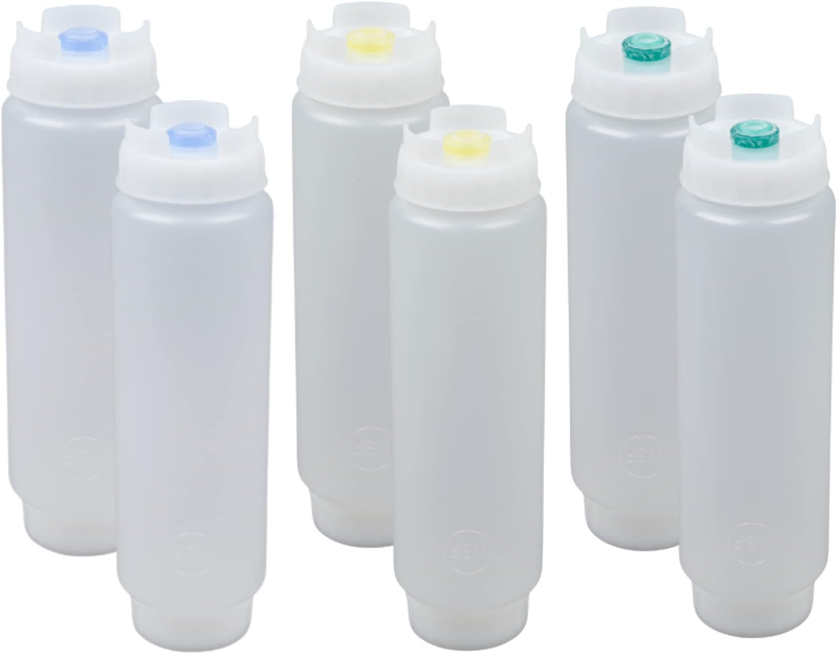 FIFO Squeeze Bottle Refillable 16 oz | 2 Green 2 Yellow 2 Blue Tip Small Valve Dispenser for Thin Condiments, Sauces, Batter and Dressing | Self Sealing No Drip No Hassle | Variety Pack ( 6 Pack )