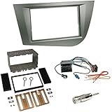  Einbauset : Autoradio Doppel 2-DIN Blende Radioblende grau / anthrazit + Quadlock - ISO Radio Adapter Adapterkabel mit Fakra Phantomseinspeisung + Antennenadapter für Seat Leon (1P/1PN) 09/2005 - 2010