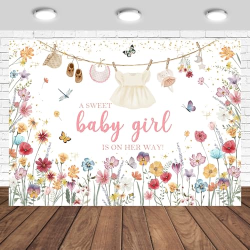 Tcoyodw Wildflower Baby Shower Backdrop 7x5ft A Sweet Baby Girl is on Her Way Baby Shower Party Decorations for Girls Cute Clothes Photography Background