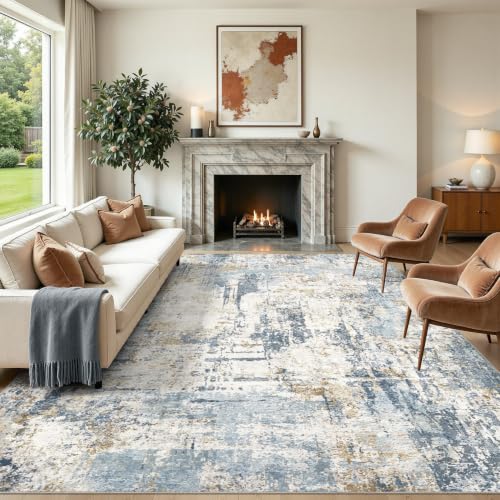 DMOYEST Teppich Wohnzimmer 280x370cm Blau Grau Modern Abstrakt Waschbar – Ansicht 1