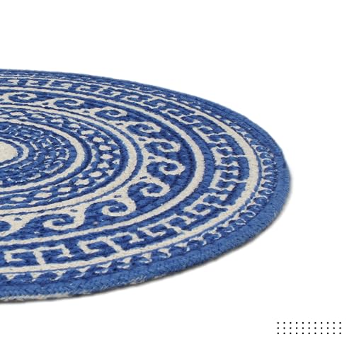 Image of Dining Table Mats Set of 2 | Cotton Table Mat 32 cm Diameter, Encasa XO Washable Round Table Mats, Heat Resistance Dining Table Placemats, Handmade Ribbed Style for Centre Table, Blue Mandala Print