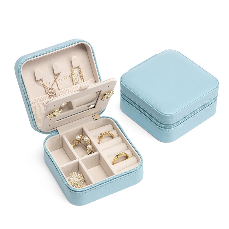 Vlando 誕生日プレゼント女性 ジュエリーボックス 名前入り プレゼント 携帯用 鏡付き ジュエリーボックス トラベル 結婚祝い プレゼント 記念日 バレンタイン 退職 祝い 贈り物 ブルー