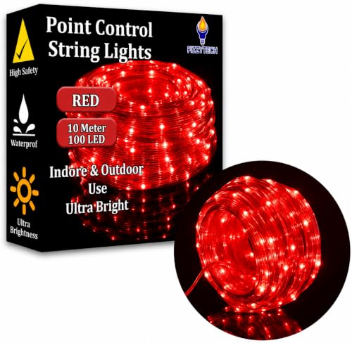 Image of fizzytech Rice Fairy String Lights, 10 Meter Copper Wire Point Control Lights with 8 Flash Modes for Diwali, Christmas, Wedding, Window, Garden & Home Decoration - Red, 100 LED