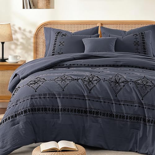 Image of MaiReve Queen Comforter Set Embroidery Floral 7 Pieces Bed in a Bag
