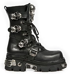 New Rock Shoes - Lace Up Leather Boots with Skull Buckles UK 8.5