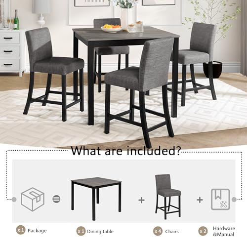 Image of KEIKI 5-Piece Counter Height Dining Table Set with Square Table and 4 Upholstered Curved Backrset Chair, for 4 Person, Modern Wooden Table Set, Easy Assembly, for Kitchen, Dining Room, Black+Gray