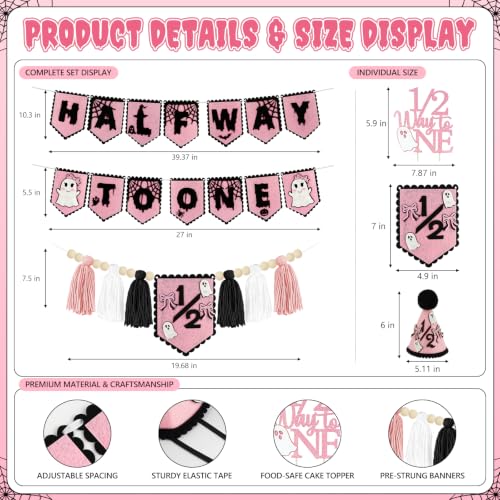 Image of 1 /2 Birthday Girl Half Birthday Decorations-Halloween Half Way to One Kits | 6 Months Birthday Decorations; High Chair Banner Boy;Wooden Cake Topper; Half Birthday Hat