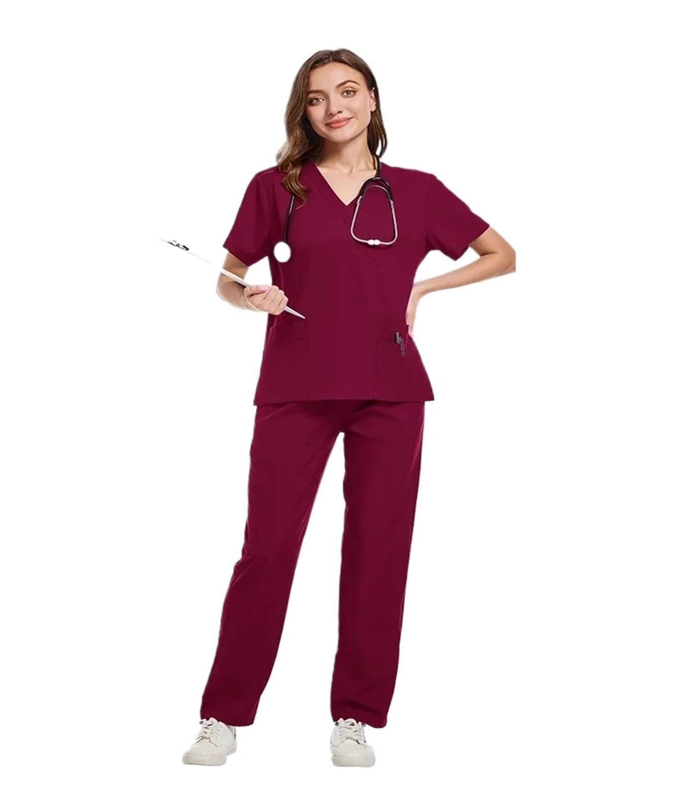 Divisa Infermiere Donna Uniformi da infermiera Top tinta unita Pantaloni Donna Uomo Pantaloni Scrub Set di Scrub Uniforme for Clinica for Animali Domestici for Ospedale Veterinario Dentale(Wine red,XX