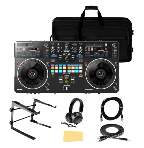 Pioneer DDJ-REV5 Scratch-Style 2-Channel Professional DJ Controller Bundle with Case, Laptop Stand, Headphones, XLR Cable, TRS-to-RCA Breakout Cable, and Austin Bazaar Polishing Cloth