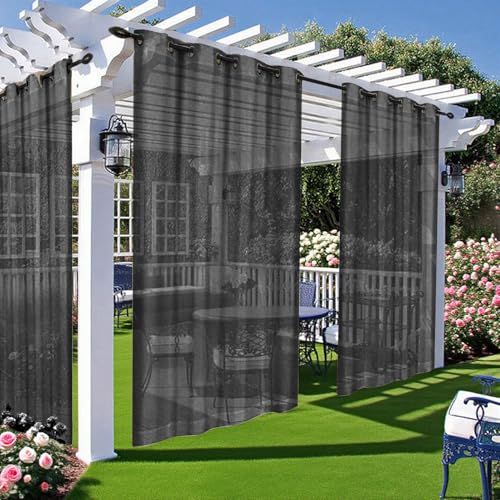 Wokuaile Black Outdoor Sheer Curtains for Patio Waterproof 2 Panels, Semi Voile Indoor Sheer Curtains, Light Filtering Privacy Drapes or Pergola, Porch, Cabana and Gazebo, 52x84 Inch