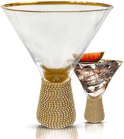 BILLIONCOLOR Martini Glasses Set of 2, GOLDEN Stemless Modern Cocktail Glass, Crystal Base in Box, Perfect Bar Accessories for Margarita, Manhattan, Cosmos, Mixed Drinks, and Desserts