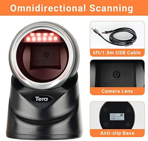 Tera Pro 2D QR Desktop Barcode Scanner Omnidirectional Adjustable Scan Head, USB Wired Handsfree Platform Automatic Bar Code Reader for Market Retail Store Phone Screen Payment, 9100