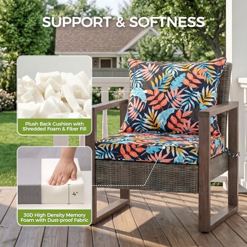 Image of UNIKOME 24 inchx24 inchx4 inch Outdoor Chair Cushions Set - Waterproof Patio Cushions for Outdoor Furniture with Removable Cover, Ties & Handle, Deep Seat Patio Cushions for Sofa Couch - Dark Leaves