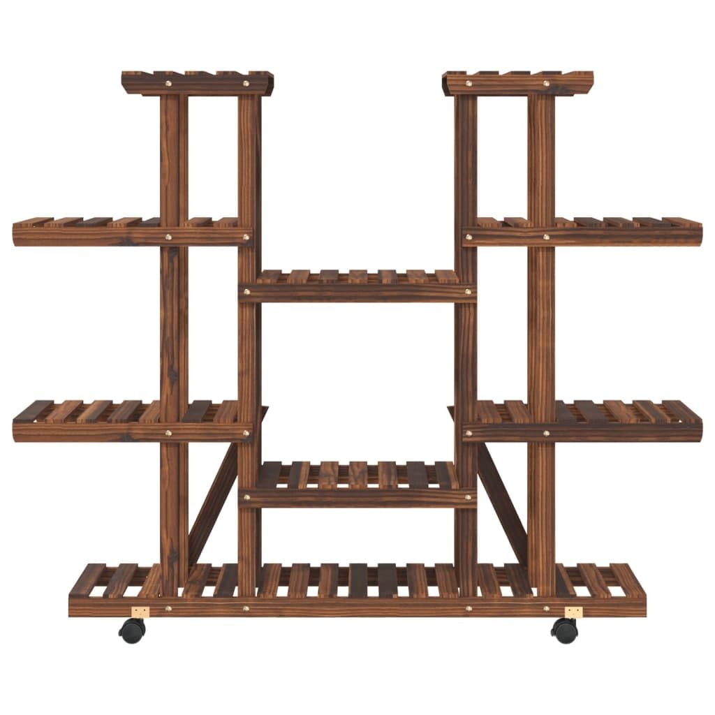 Blumenständer mit Rollen 110x25x115 cm, Pflanzenregal aus Massivholz Tanne für Wohnzimmer und Balkon, Mehrstöckiges Blumenregal Pflanzentreppe Karbonisiert