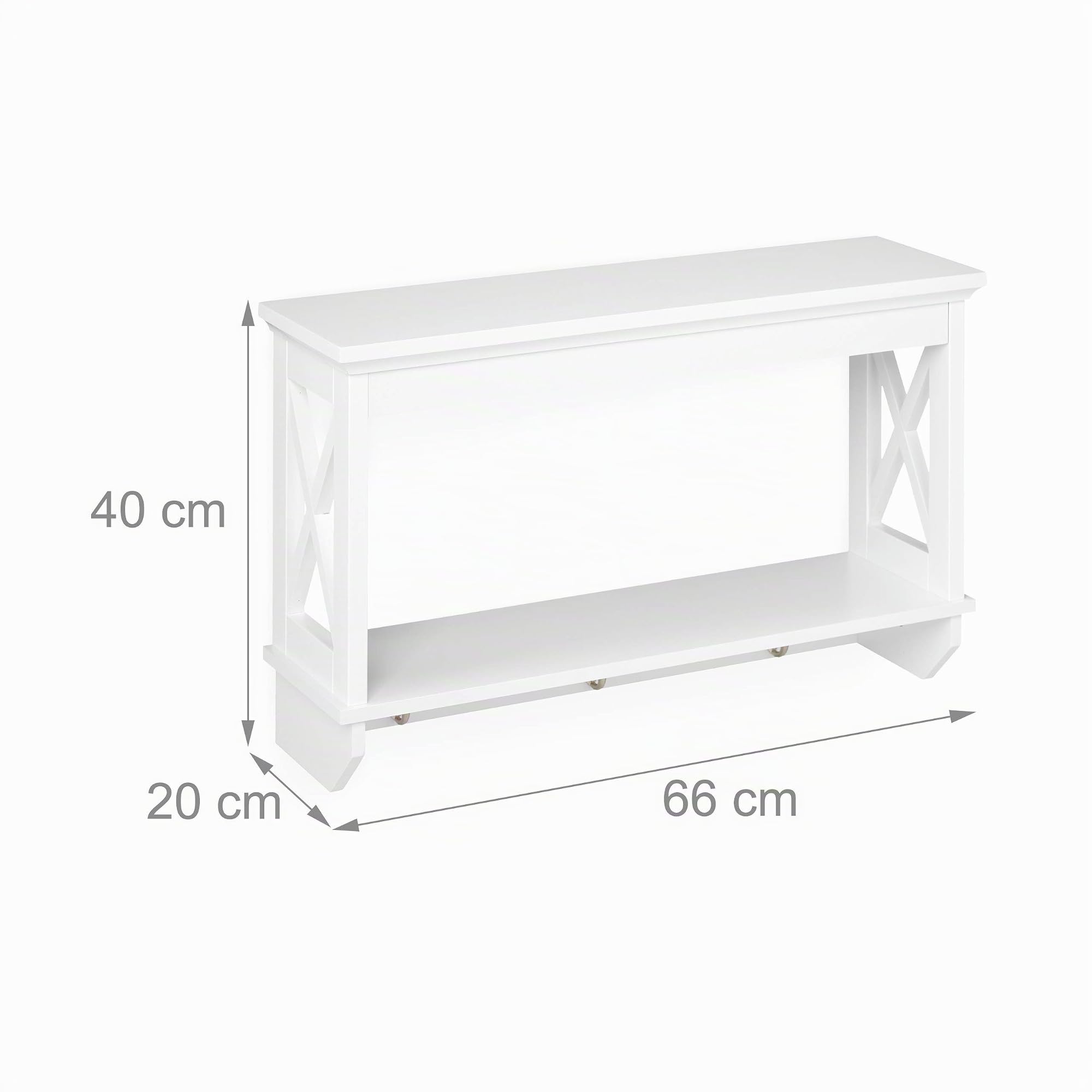Relaxdays Scaffale da Parete con 3 Ganci, a 2 Piani, Stile Shabby Chic, Appendiabiti, Salvaspazio da Cucina, Bianco