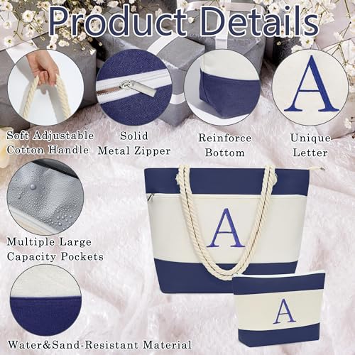 YOOLIFE Beach Bags for Women - Initial Canvas Tote Waterproof Bag with Makeup Bag Gifts for Women Mom Friend Birthday Her4
