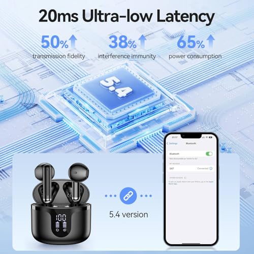 Image of Wireless Earbuds, Bluetooth 5.4 Headphones HiFi Stereo with 4 HD Mic, 50H Playtime Bluetooth Earbuds with Dual LED Display, IPX7 Waterproof Wireless Earphones, Touch Control Ear Buds,USB-C, Black