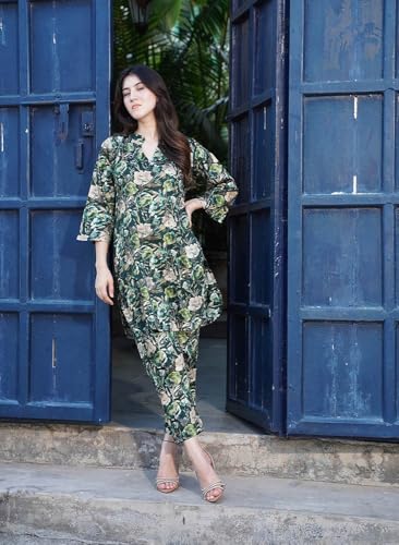 Image of NAINVISH Women Rayon Blend Floral Ethnic Co-Ord Set | Casual Wear Pant Top Set | Fancy | Full Pair Set | Co Ord Set Stylish | Winter | Top & Pant Set