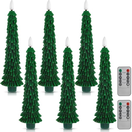 Image of Funtery 6 Pcs LED Christmas Tree Flameless Taper Candles Real Wax Battery Operated Candlestick Lights with 3D Flame and Remote Timer Window Fireplace(Green,Classic Christmas Tree)