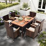 Shintenchi 7 PCS Patio Dining Set, Wicker Patio Conversation Set with Wooden Table Top, Outdoor Table and Chairs with Soft Cushions for Backyard, Deck and Garden, Brown Wicker