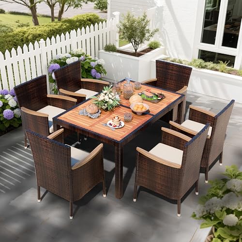 Image of Shintenchi 7 PCS Patio Dining Set, Wicker Patio Conversation Set with Wooden Table Top, Outdoor Table and Chairs with Soft Cushions for Backyard, Deck and Garden, Brown Wicker