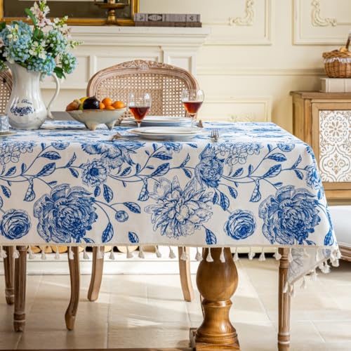 F-CHU Blue Floral Tablecloth Rectangular Cotton Linen Table Cloth with Tassels for Restaurant, Picnic, Indoor and Table Cover Home Decoration 60x102-Inch
