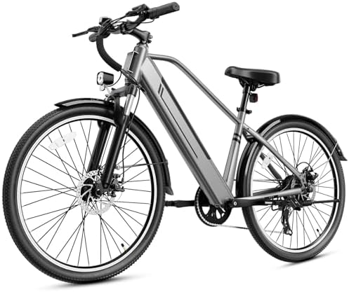 Electric Bike for Adults, 26" Up to 1000W Peak Motor Ebike 45+ Mile Range Brushless City Ebike, 25Mph 7-Speed Commuter E-Bike with Removable 360Wh Battery for Commuting, Outdoor Leisure (Light Grey)