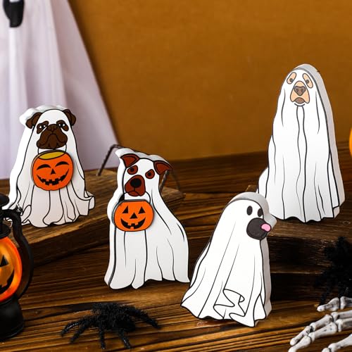 Yousoontic 4 Pcs Cute Ghost Dog Halloween Indoor Decorations for Tiered Tray Wooden Halloween Ghost Dog Table Sign Indoor Decor Pumpkin Blocks for Party Home Supplies