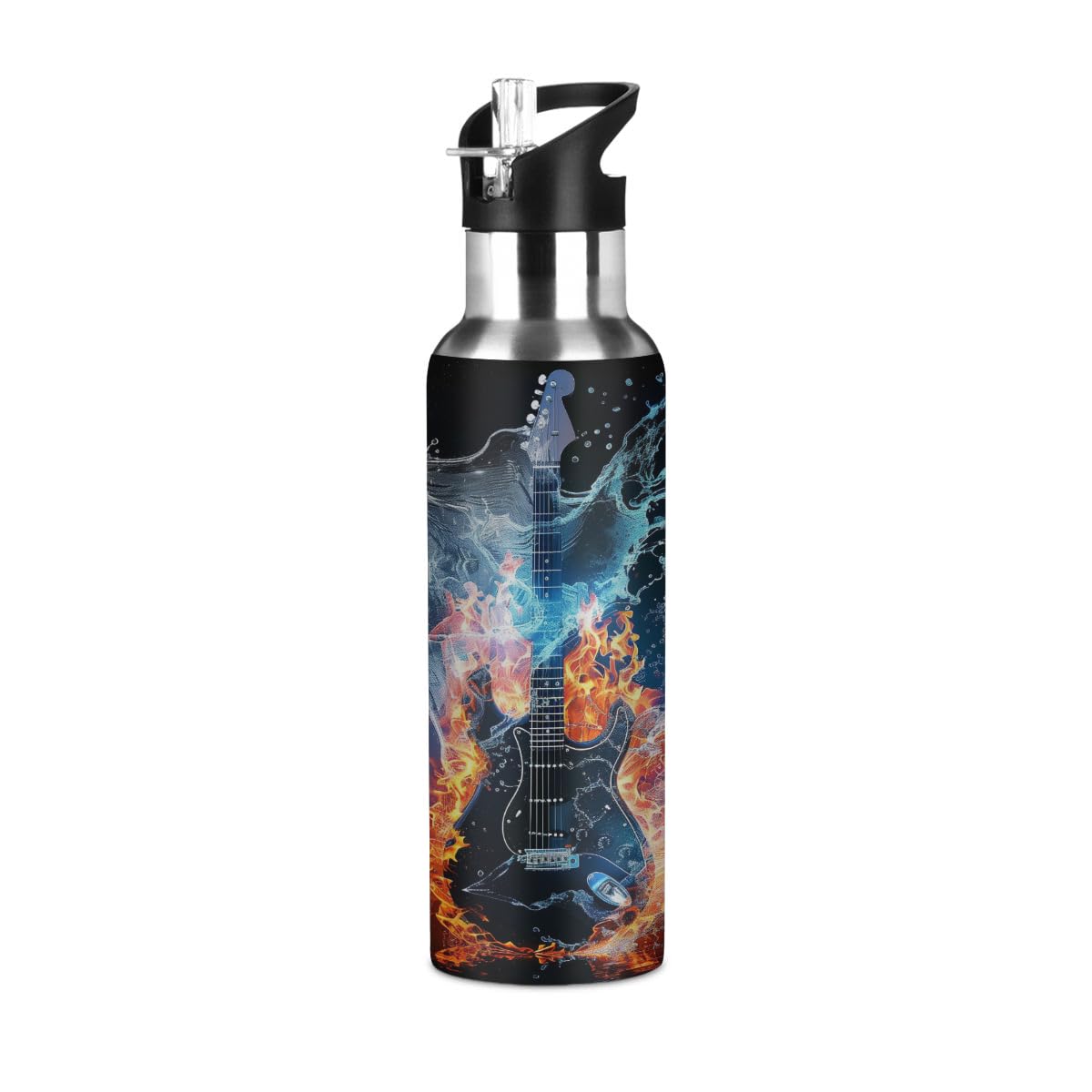 Mexpekil Electric Guitar Fire Water 600ml Insulated Water Bottle with Straw Lid Stainless Steel Thermos Bottle Vacuum Flask Leakproof Travel Sports Water Bottles for Running Cycling Hiking