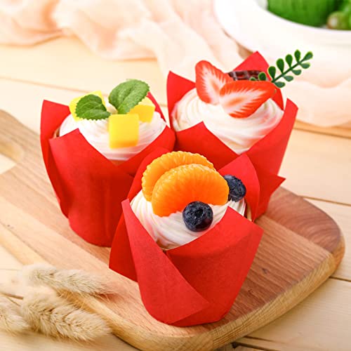 200 Pack Tulip Cupcake Liners Paper Baking Cups Greaseproof Muffin Liners Grease Resistant Cupcake Wrappers For Weddings Birthday Baby Showers Cake Balls Muffins Candy Jelly Party Supplies (Red) #TOP2