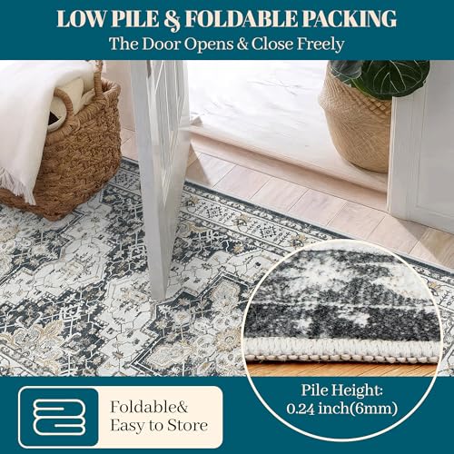 Madane Hallway Runner Rug 3x6 - Washable Kitchen Rugs Entryway Rug Runner Vintage Soft Floor Mat Non Slip Indoor Farmhouse Carpet for Bathroom Living Room Bedroom (3 X 6, Black)