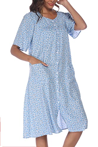 Image of COSUNIONY House Dresses for Women Cotton Short Sleeve House Coat Buttons Down Dusters Robe with Pockets S-XXL