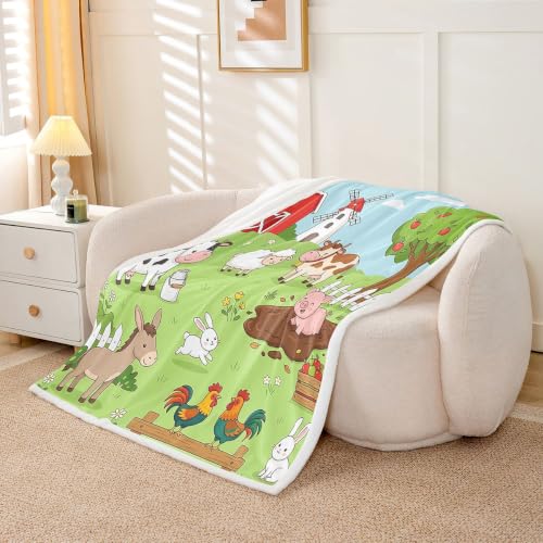 Image of Feelyou Kids Farmhouse Fleece Blankets Children Boys Girls Cartoon Animal Print Throw Blanket Lovely Rabbits Sheep Horse Blanket Luxury Soft for Chair Office Plush Blankets 50 inchx60 inch