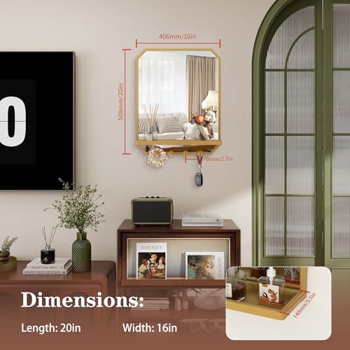 Image of BEAUTME Rectangular Bathroom Mirror with Shelf, 20x16 inch Metal Frame Wall Mirrors with Hooks, Modern Vanity Mirror Wall Mounted for Living Room Bathroom Entryway, Vertical (Gold)