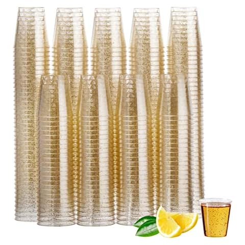 MATANA 300 Clear Plastic Shot Glasses with Gold Glitter Cover