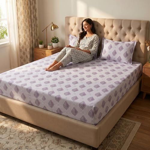 Image of Mafatlal 186 TC Grace Pure Cotton Double Size Bedsheet | 90 x 100 Inch | Soft Breathable Cotton Bed Sheet Set with 2 Pillow Covers | Violet Purple