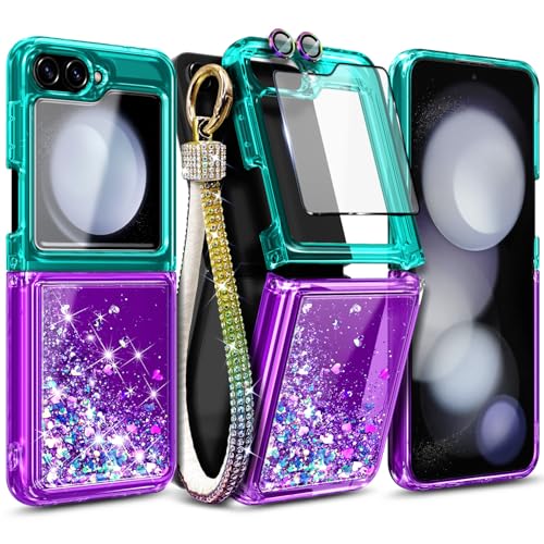 WDHD Compatible with Samsung Galaxy Z Flip-6 Case, Aqua/Purple | Glitter Floating Liquid Cute Phone Cover with Screen Protector & Camera Lens Protector & Diamond Wrist Strap Lanyard