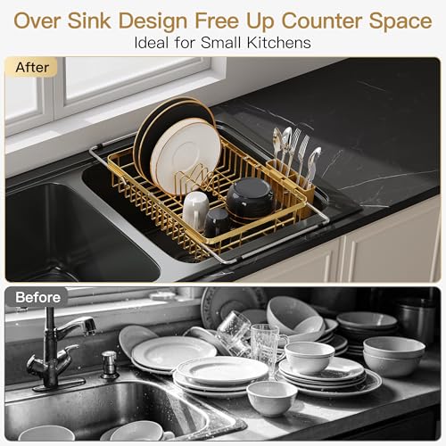 Image of JASIWAY Gold Dish Drying Rack Over the Sink with Utensil Holder