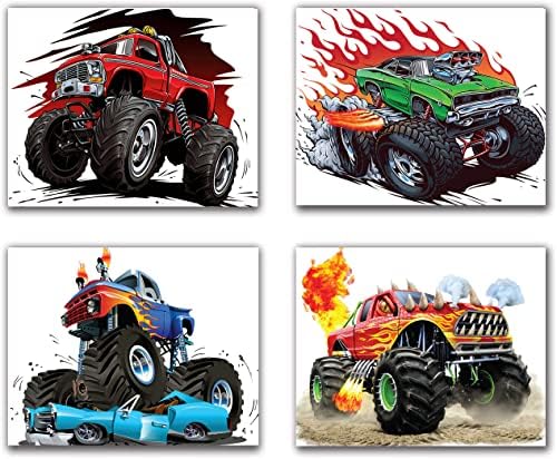 SELLAMODA Monster Cars Poster Wall Art Boys Bedroom Decor, Wall Art Unframed (10''x8'') Trucks Wall Decor for Kids Boys Bedroom Monster Vehicle Pictures Nursery Playroom