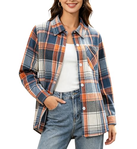 Image of SANGTREE Women and Girls Long Sleeve Flannel Casual Button Down Plaid Shirt