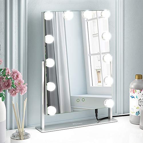 Ovonni Lighted Vanity Hollywood Makeup Mirror, Dimmable 360°Rotating Double-Sided Tabletop Cosmetic Mirror with 12 LED Bulbs, Two Color Light Touch Control Memory Mode and Plug Powered, Silver