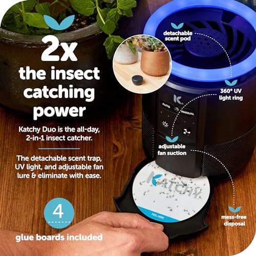 Katchy Duo – Indoor Fly Trap with Scent Pod – Day & Night Effective – Mosquito, Fruit Fly, Gnat & Small Moth Killer – Non-Zapper Trap with UV Bug Light & Fan Suction (White) by KATCHY - Image 2