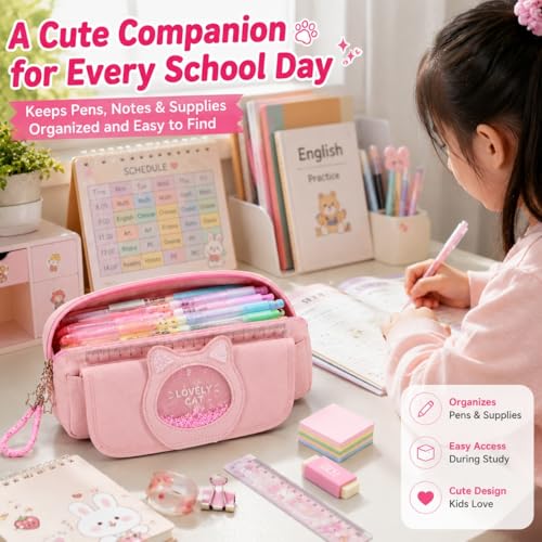 Image of Cute Kawaii Pink Cat Pencil Case for Girls - Large Capacity Double Layer PU Leather Pencil Pouch & Stationery Organizer for Aesthetic School Supplies, Travel, Office & Gifts