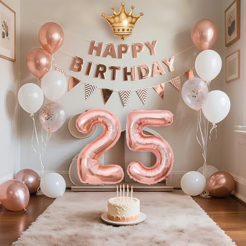 25歳 誕生日 飾り付け バルーンセット ハッピーバースデー happy birthday ガーランド & 大きな数字バルーン、紙吹雪風船、王冠付き ローズゴールドの豪華パーティー装飾 大人女子向け