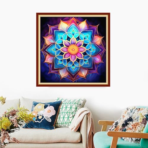 Image of Foxdiviy Stamped Cross Stitch Kits Full Range of Embroidery Needlework Starter Kits for Beginners Adults 11CT Embroidery Patterns Art Crafts DIY Needlepoint Kits-Colorful Mandala 18x18 inch