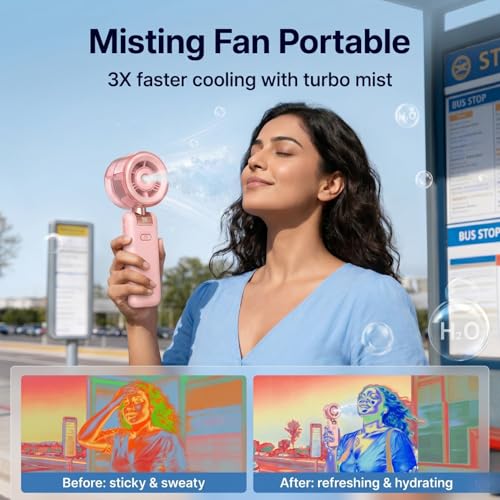 Image of Sevenaire S42 Portable Hand Fan with Mist, Hand fan for summer, High Speed & LED Display - Personal Fans Portable Rechargeable, 12000 RPM Turbo Mini Fan for Travel, Outdoor, Home, Office (SoftPink)
