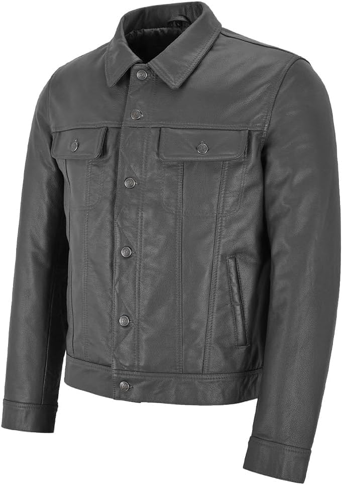 Men’s Shirt Style Vintage Trucker Classic Lambskin Casual Leather Jacket4