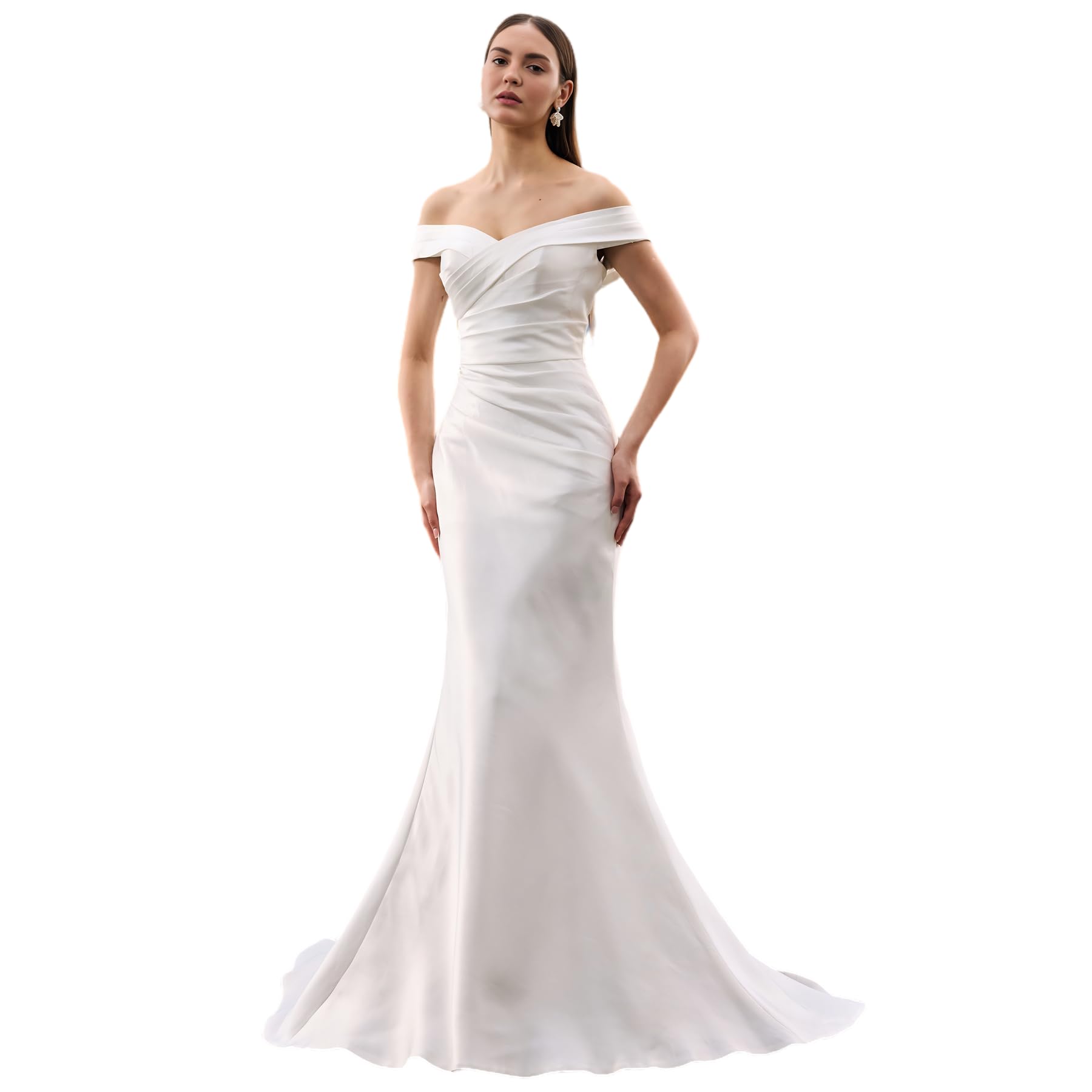 Photo 1 of ZHEXUDAI Sleeveless Long Merdmaid Satin Dress for Bride Pleated Bust Off Shoulder Bridal Gown Engagement & Wedding Guest Maxi Dress XS White